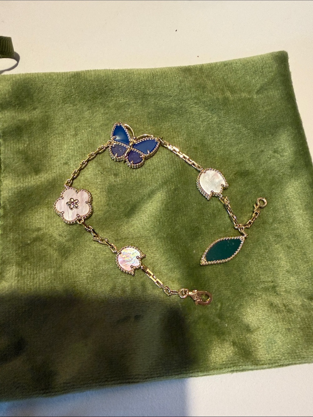 Gold Floral and Butterfly Link Necklace in Blue, Green, Pink, White